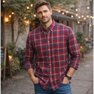 Pendleton Tartan Plaid Shirt Vintage 70s Red 100% Wool Button Front USA Size L